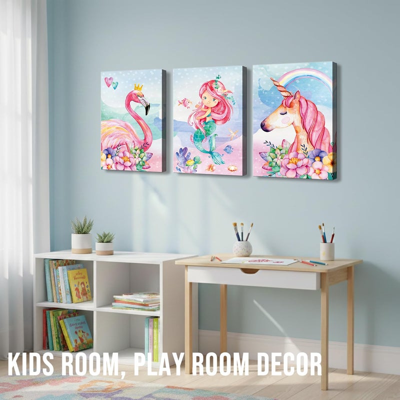 CANVASZON Unicorn Wall Decor Mermaid Flamingo Inspirational Framed Wall Art Prints Pink Horse Flower for Living Room Girls Room Decoration Pink Home Wall Decoration Girls Room Kids Bedroom Gift 3 Panels - Image 2